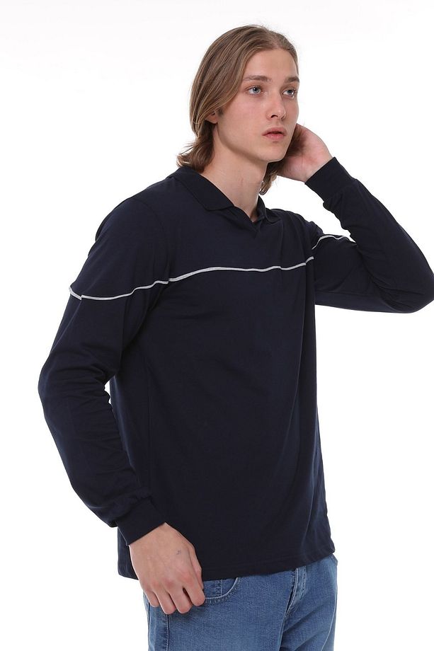 Uzun Kollu T- Shirt Penye Polo Yaka %100 Pamuk Lacivert Erkek - 8