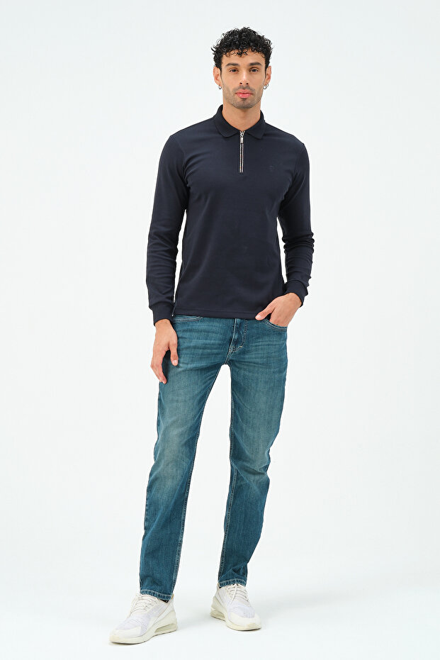 Zippered Long Sleeve Regular Fit Men's Polo Neck T-shirt