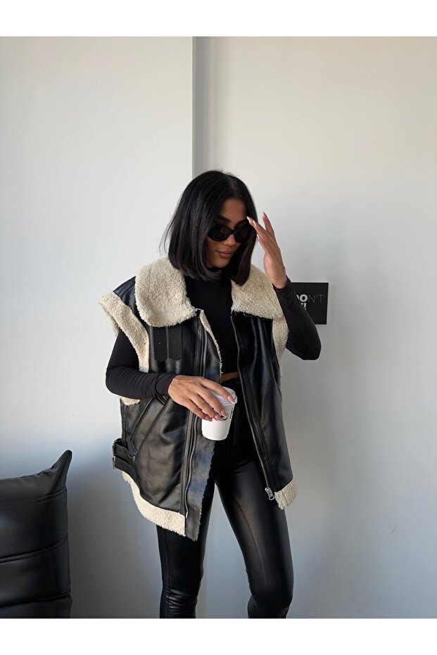 Women's Plush Fur Faux Leather Biker Vest
