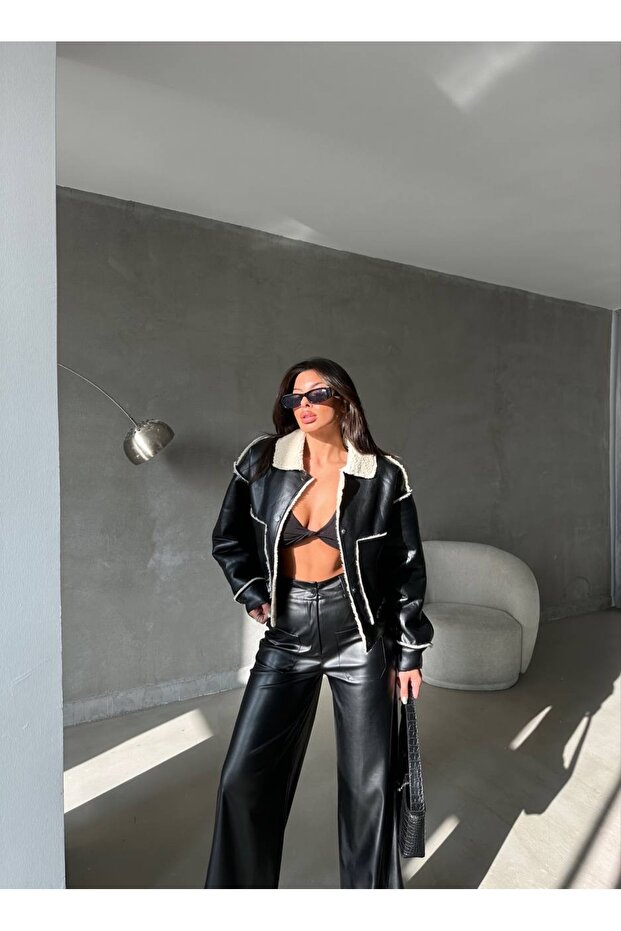 سترة جلدية قصيرة قطيفة - 3