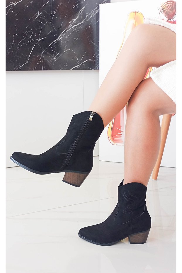 Black Color Suede Thick Heel Women's Cowboy Boots