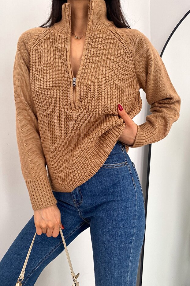 Women's Brown Standard Size Zippered Knitwear Sweater
