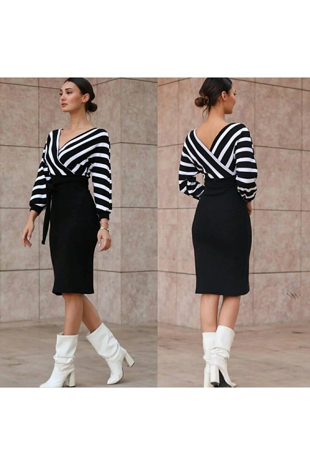 Women's Black-white Line Patterned Double Breasted Collar Midi Length Knitwear Graduation Wedding Wedding Dress