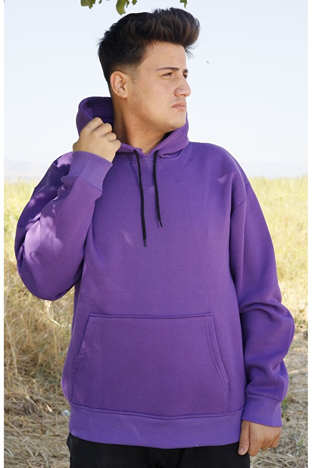 Kapşonlu Mor Sweatshirt Oversize Unisex - 1