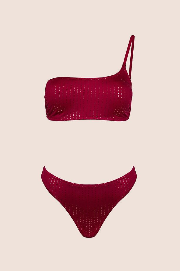 3568 Bordo Simli Tek Omuz Bikini Takımı - 4