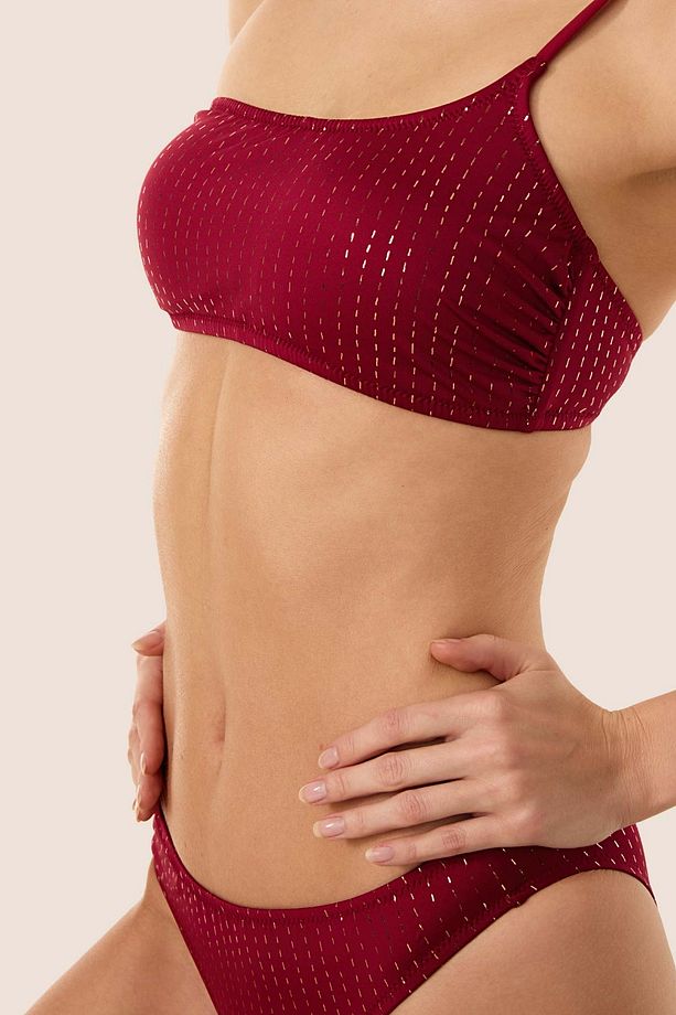 3568 Bordo Simli Tek Omuz Bikini Takımı - 3