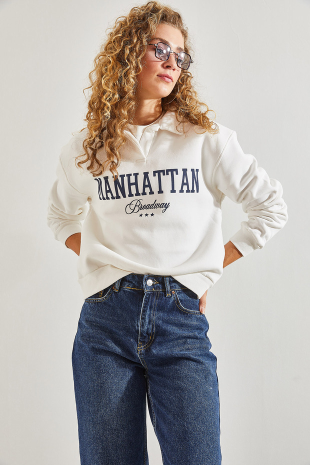 Women's White Printed Three Thread Ribbed Sweatshirt 40991026