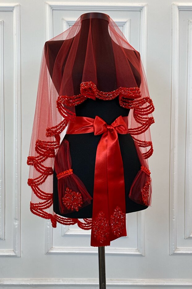 Red Bridal Veil Set, Glass Beads and Sequins Printed Henna Veil Set 6 Pieces