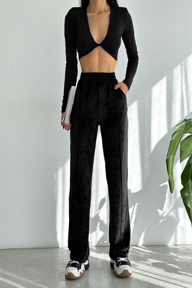 Wide Leg French Velvet Trousers Black