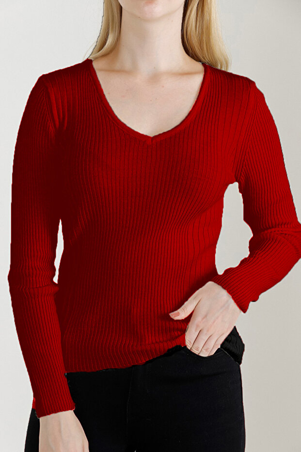 Women's Red V-Neck Knitwear Sweater