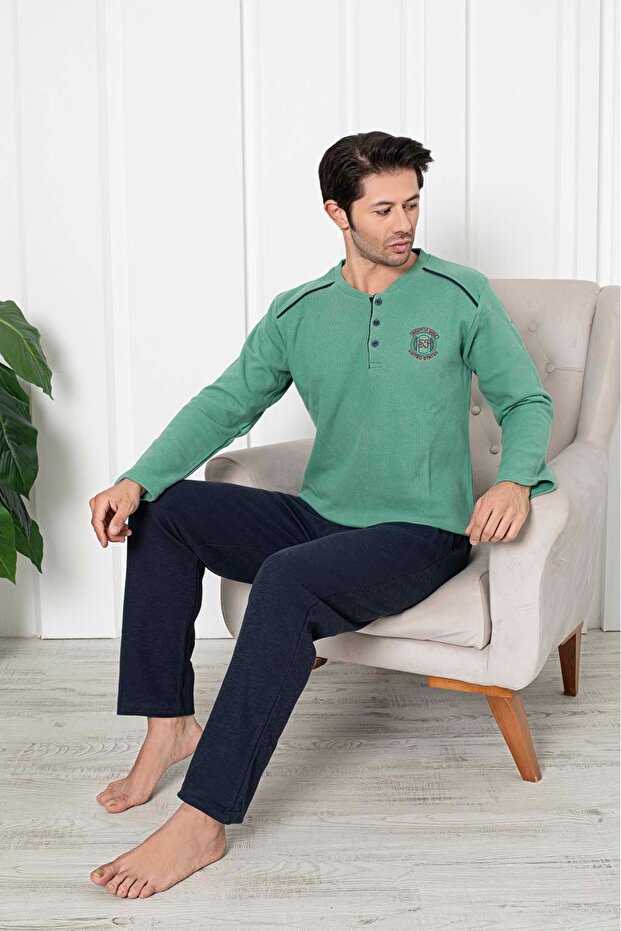 Selanik Knitted Men's Winter Pajama Set with Pockets