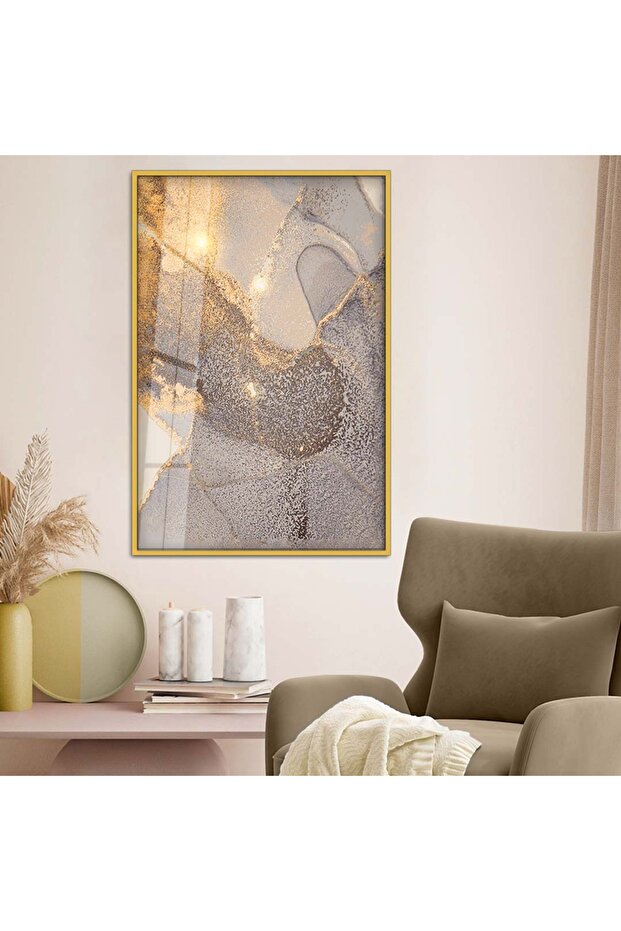 Gold Metal Framed Abstract Theme Modern Drawing Unbreakable Glass Painting