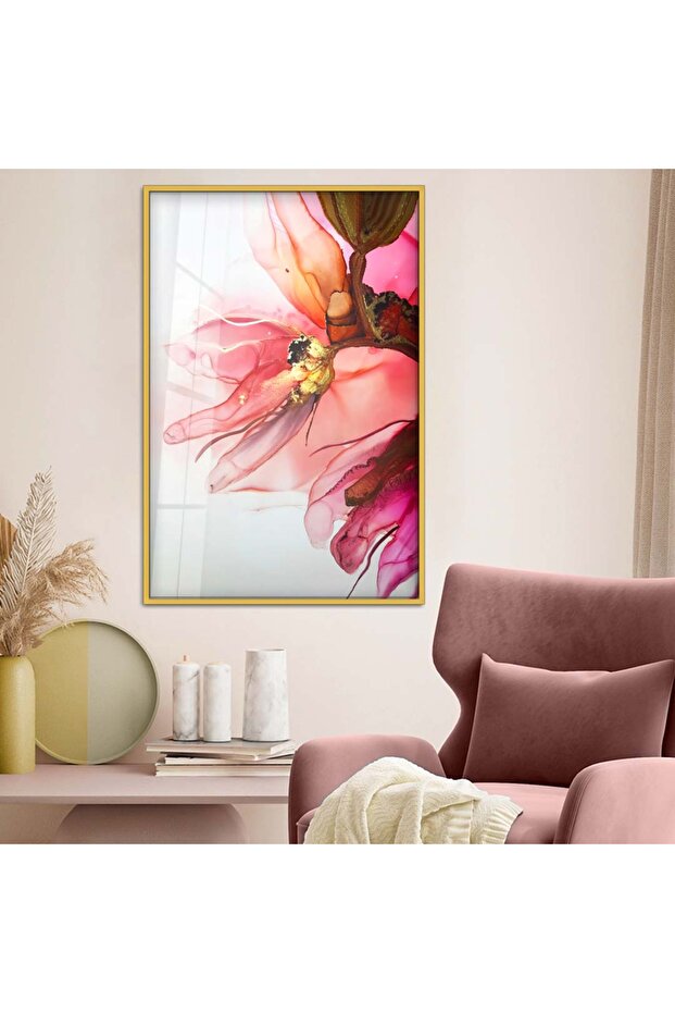 Gold Metal Framed Colorful Flower Modern Drawing Unbreakable Glass Painting