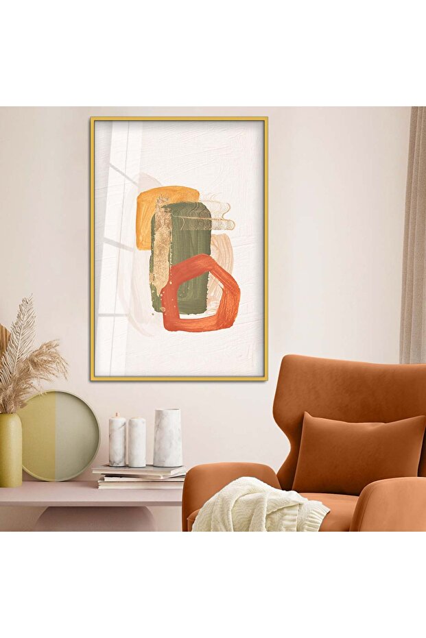 Gold Metal Framed Abstract Theme Modern Drawing Unbreakable Glass Painting