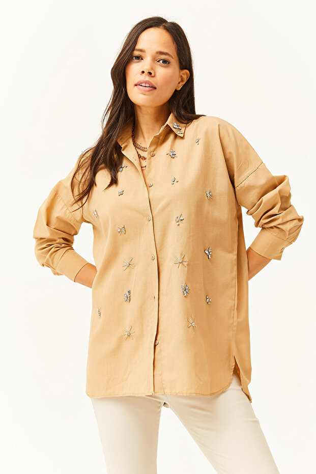 Kadın Camel Yakası ve Önü Taşlı Altı Oval Dokuma Gömlek GML-19001149 - 4