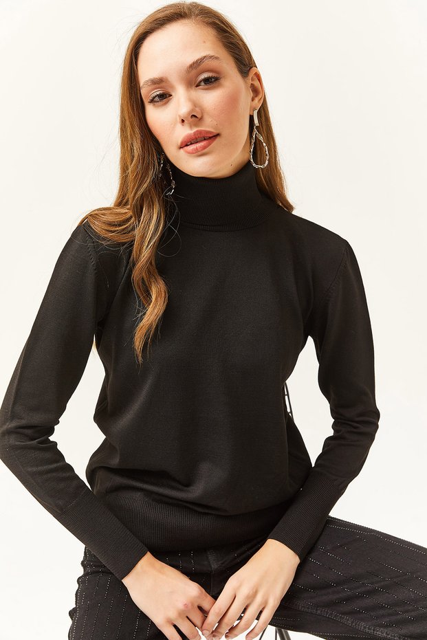 Woman's Black Full Fisherman Lycra Knit Sweater KZK-19000578