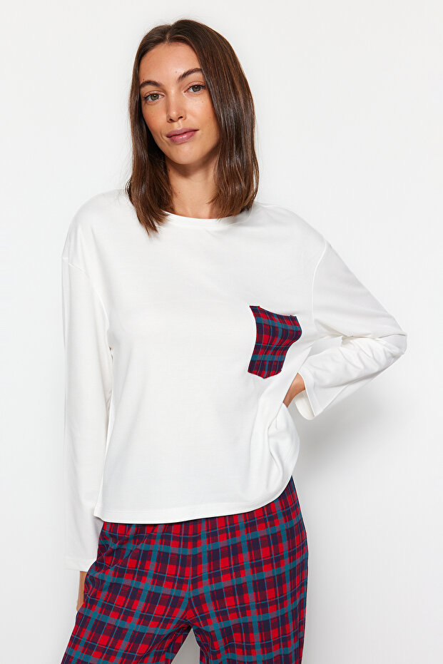 Beyaz %100 Pamuklu Ekoseli Cep Detaylı Örme Pijama Takımı THMAW24PT00228 - 3