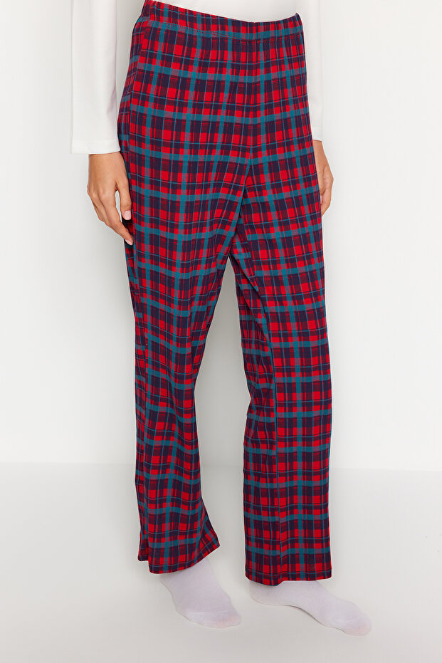 Beyaz %100 Pamuklu Ekoseli Cep Detaylı Örme Pijama Takımı THMAW24PT00228 - 8