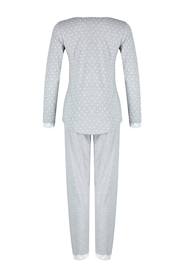 Gri Puantiyeli Dantelli Tshirt-Pantolon Örme Pijama Takımı THMAW24PT00182 - 9
