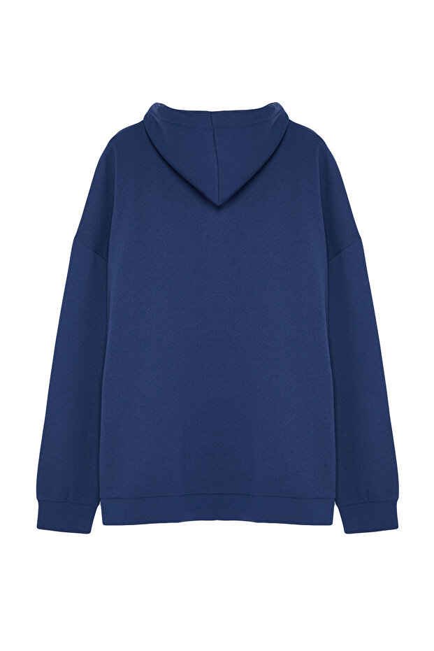 Lacivert Büyük Beden apüşonlu Oversize/Geniş Kesim İçi Polar/Sıcak Tutan Sweatshirt TMNAW24AO00013 - 8