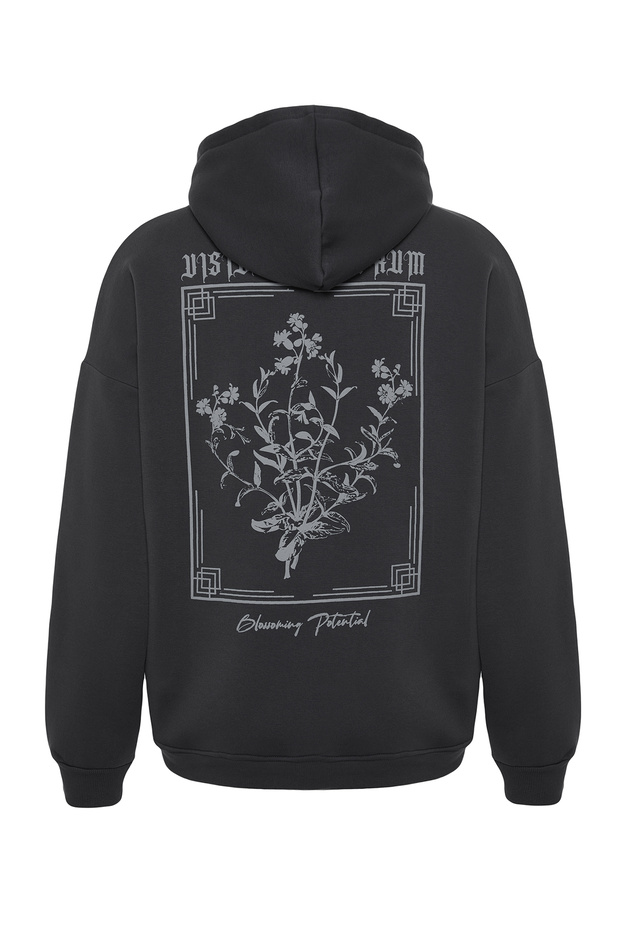Antrasit Oversize/Geniş Kesim Kapüşonlu Çiçek Baskı İçi Polar/Sıcak Tutan Sweatshirt TMNAW24SW00100 - 7