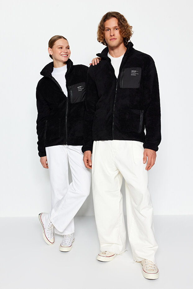 Siyah Unisex Regular/Normal Kesim Dik Yaka Fermuarlı Peluş Hırka-Sweatshirt TMNAW24SW00089 - 1