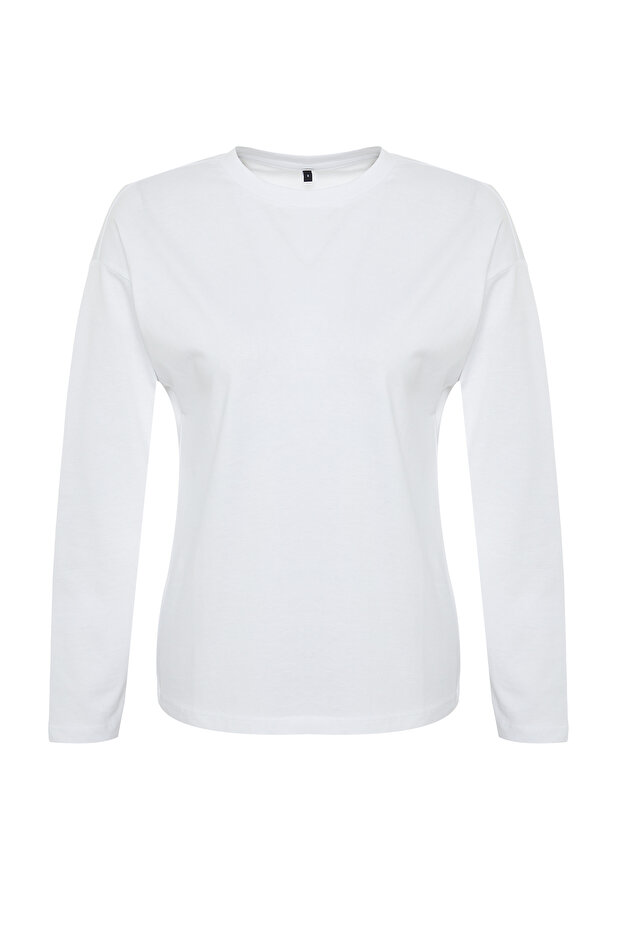 Beyaz %100 Kalın Pamuklu Basic Bisiklet Yaka Oversize/Geniş Kalıp Örme T-Shirt TWOAW24TS00013 - 10