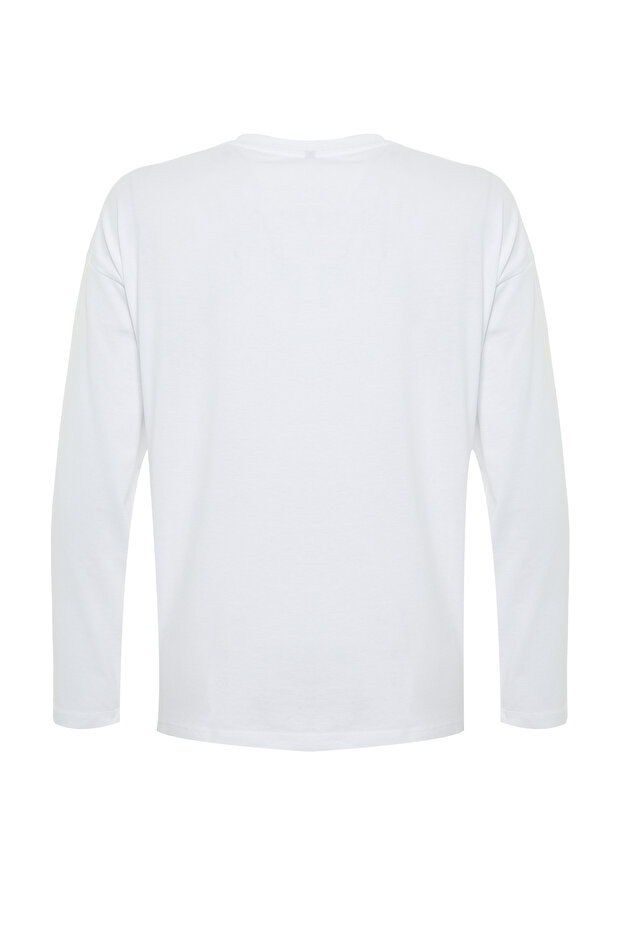 Beyaz %100 Kalın Pamuklu Basic Bisiklet Yaka Oversize/Geniş Kalıp Örme T-Shirt TWOAW24TS00013 - 11