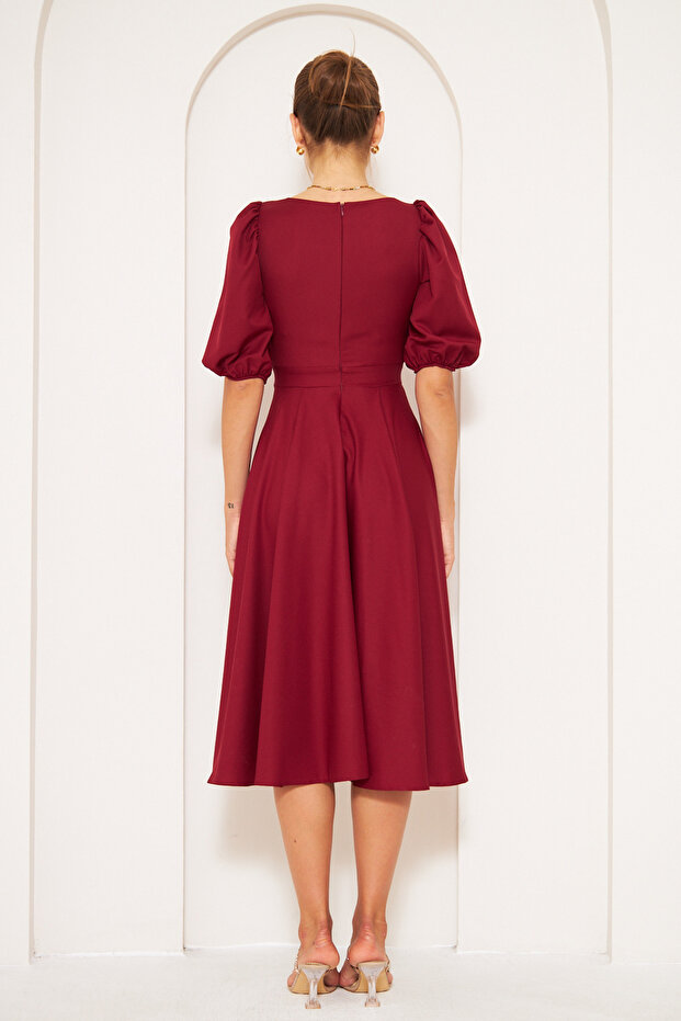 Flexibilní látka čtvercový výstřih Krátký rukáv Midi Délka Rozšířené Velké Vínové večerní šaty 420 - 2