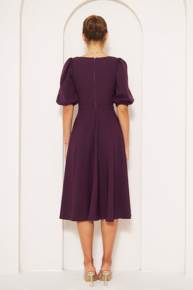 Rugalmas szövet négyzet alakú, rövid ujjú Midi hosszúságú, kiszélesedő, nagyméretű szilva estélyi ruha 420 - 3