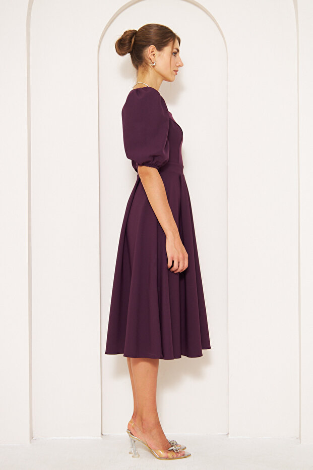 Rugalmas szövet négyzet alakú, rövid ujjú Midi hosszúságú, kiszélesedő, nagyméretű szilva estélyi ruha 420 - 7