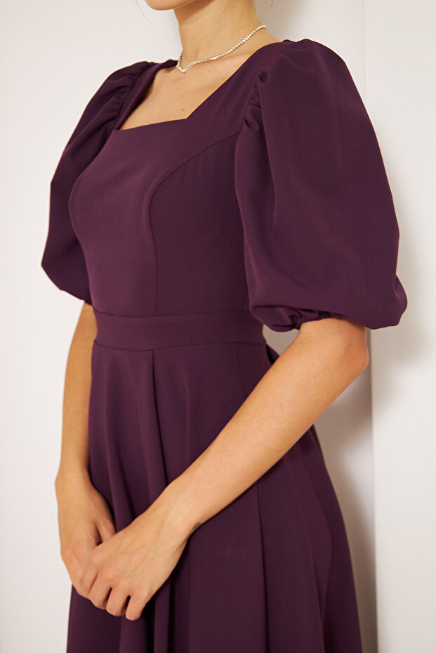 Rugalmas szövet négyzet alakú, rövid ujjú Midi hosszúságú, kiszélesedő, nagyméretű szilva estélyi ruha 420 - 2