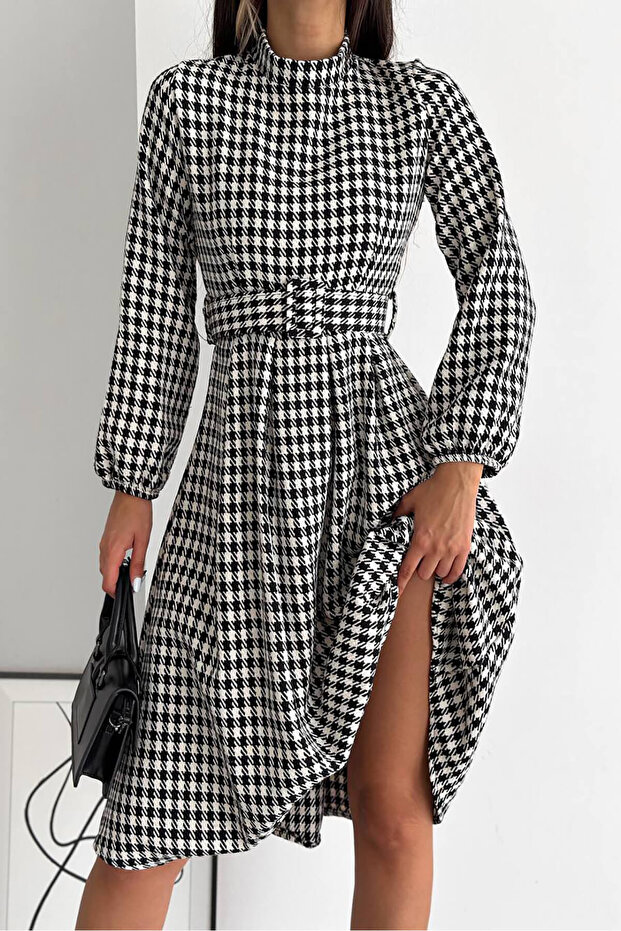 women's houndstooth print midi dress with belt KKLF39