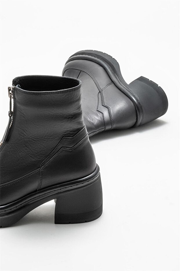 Siyah Deri Kadın Topuklu Bot - 4