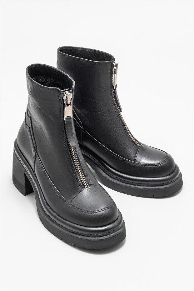 Siyah Deri Kadın Topuklu Bot - 2