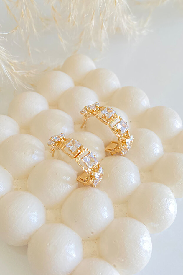 Square Zircon Stone Steel Hoop Earrings
