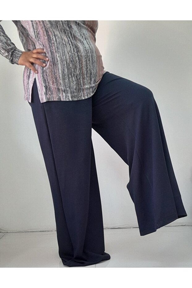 Navy blue elasticated summer wide-leg combed cotton viscose trousers skirt with a waist bodice