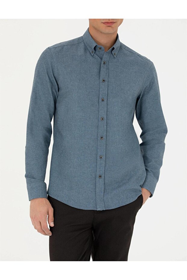 Blue Slim Fit Long Sleeve Shirt ELİFSU BUTİKHOME