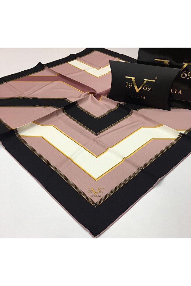 Black Pink White Twill Geometric Pattern Gold Series Scarf Hanger with Gift Set 90x90 Cm