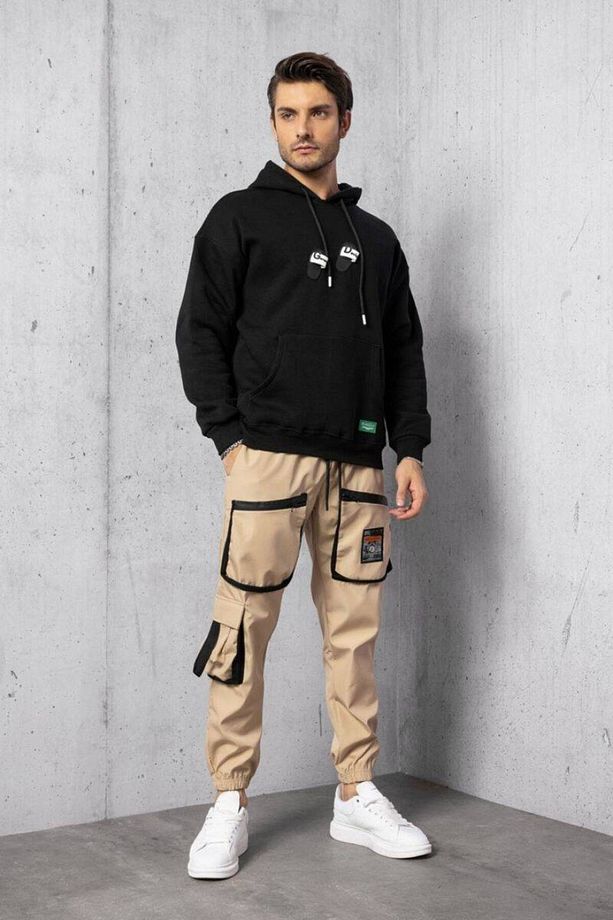 Bej Cep ve Şerit Aksesuarlı Paraşüt Kumaş Jogger Pantolon - 3