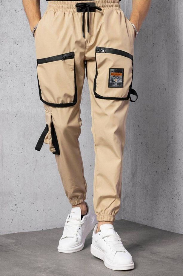 Bej Cep ve Şerit Aksesuarlı Paraşüt Kumaş Jogger Pantolon - 4