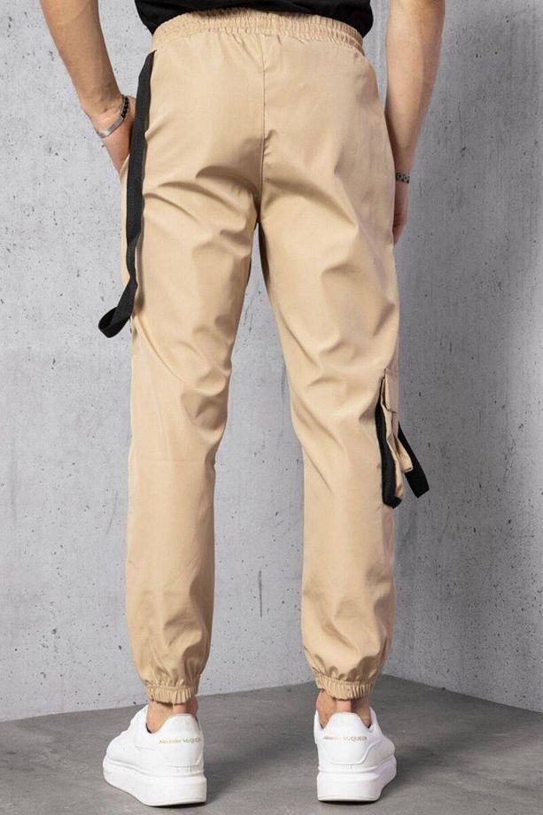 Bej Cep ve Şerit Aksesuarlı Paraşüt Kumaş Jogger Pantolon - 6