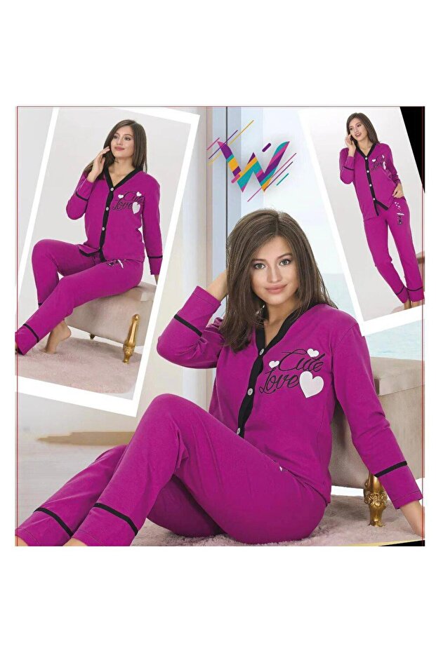 Mor Renk Düğmeli Pijama Takımı - 1