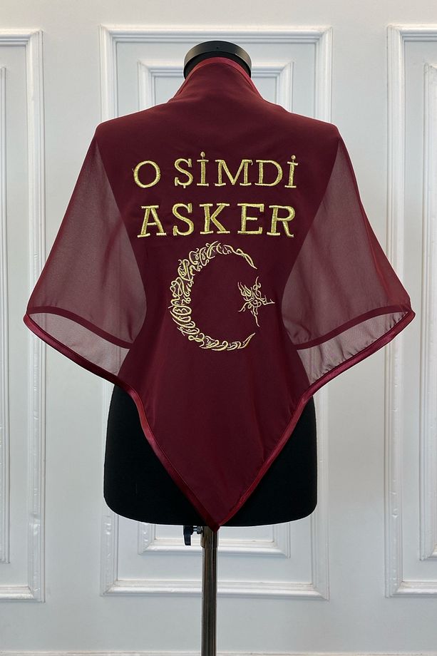 Bordo O Şimdi Asker Şalı Örtüsü, Lüks Şifon Nakışlı Kına Omuz Örtüsü Duvağı - 1