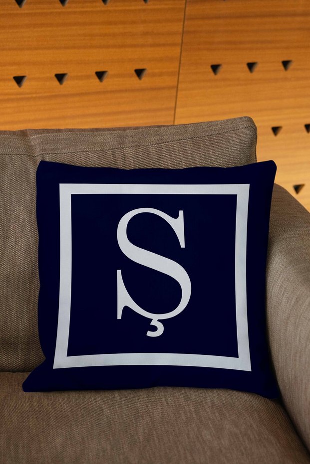 Navy Blue White Colored Letter Digital Printed Throw Pillow Cover