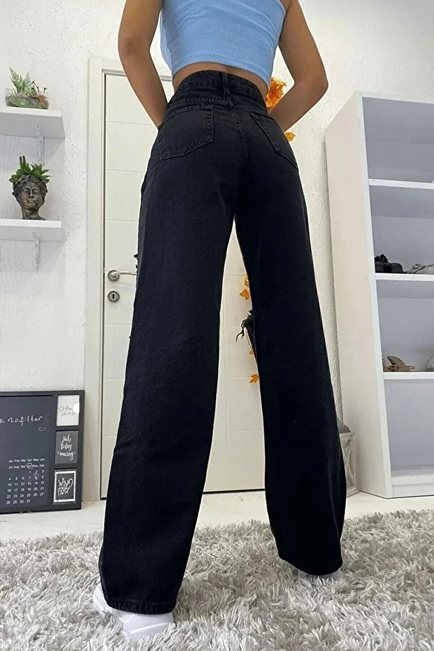 Solmaz Siyah Yırtık Salaş Kot Pantolon Siyah Dizi Yırtık Palazzo Jeans Likralı Esnek Kot - 2