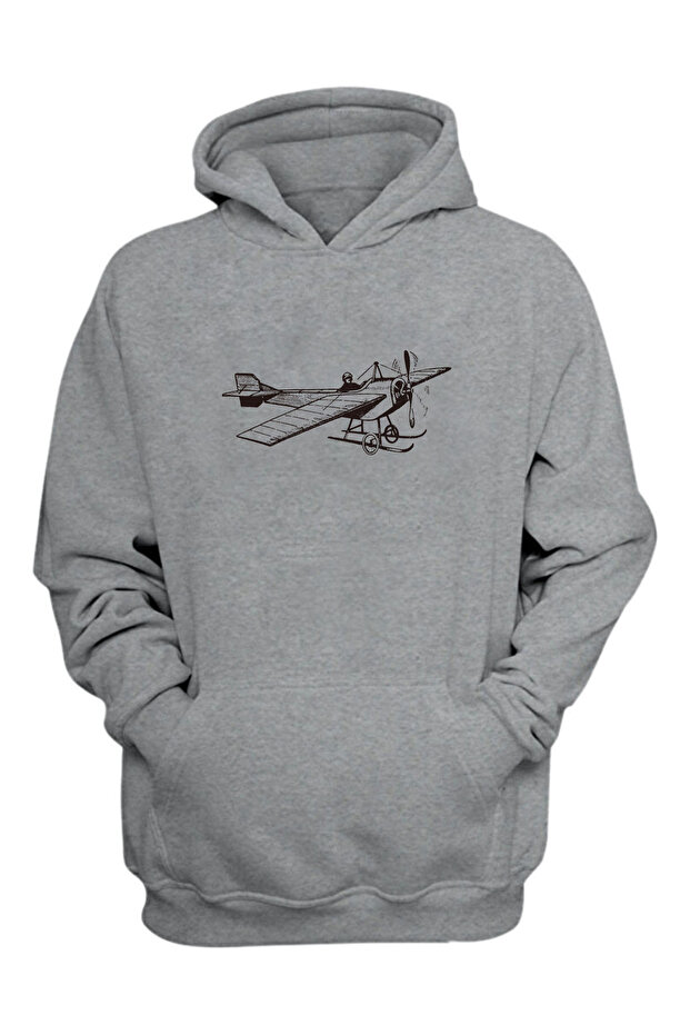 Unisex Antique Airplane Drawing Gray Regular Fit Sweatshirt