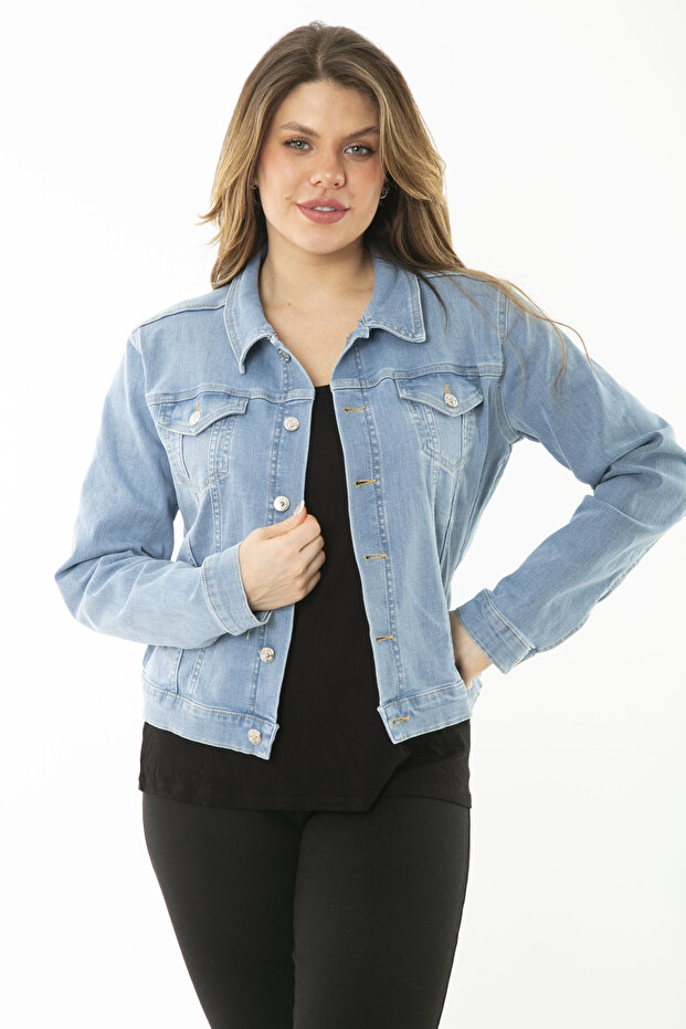 Women's Large Size Blue Metal Buttoned Lycra Denim Coat 65N37113