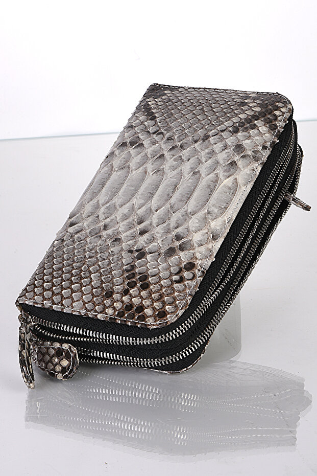 Genuine Snakeskin Double Zipper Money Portfolio Clutch Purse Wallet