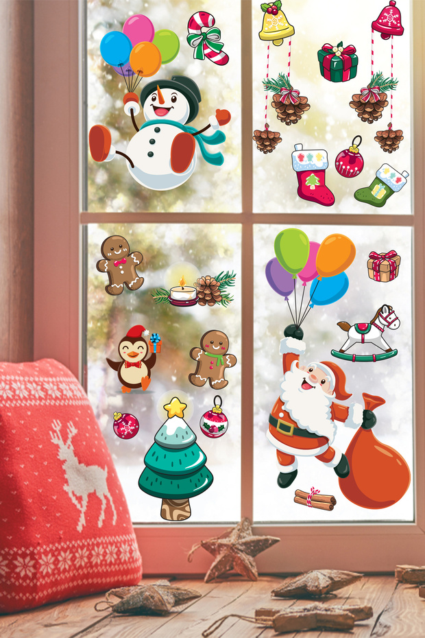 Santa Claus and Snowman Flying with Balloons Christmas Ornaments Window Wall Sticker